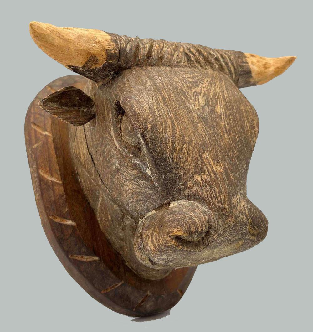 Folk Art Carved Wood Bull Head Mount (1 of 10)