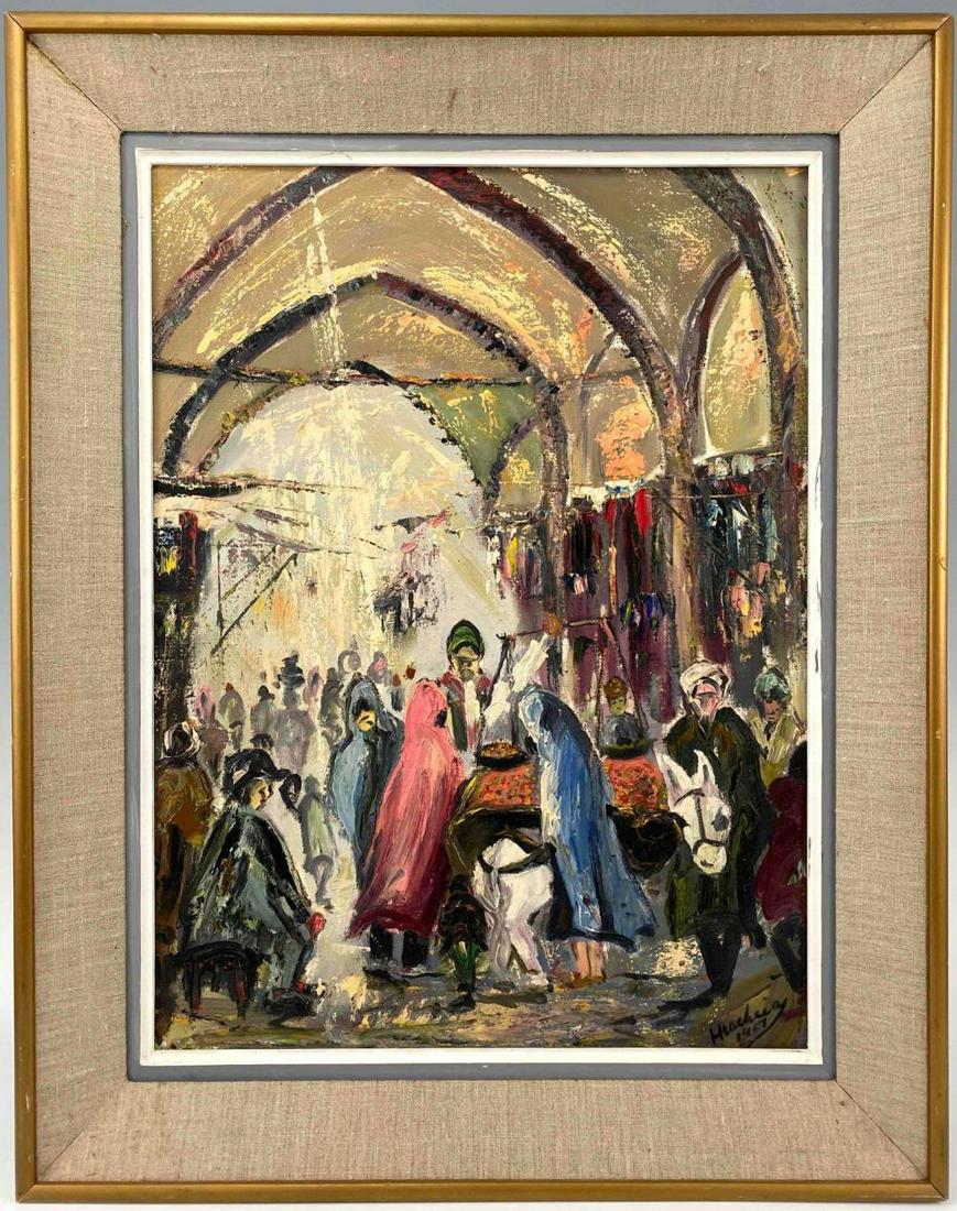 1960s Moorish Painting Of Marketplace On Canvas: 1960s Moorish Painting Of Marketplace On Canvas, Signed & dated 1967. Frame Approximately 28.875 x 22.875 x 2.75 in. Sight Approximately 23.125 x 17.125 in.