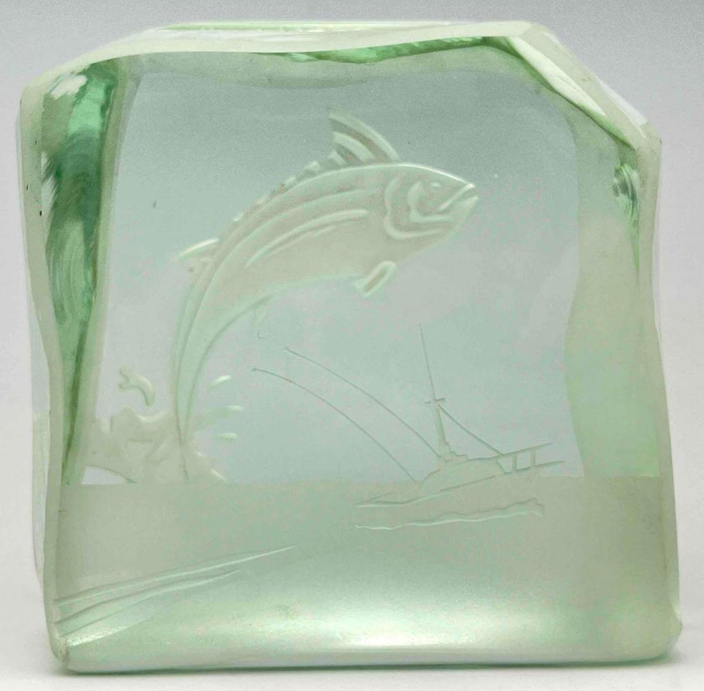 Art Glass Hand Cut Slab Glass With Fisherman Motif.: Art Glass Hand Cut Slab Glass With Fisherman Motif. Signed R M Yates 78. Approximately 5.125L x 5H x 2.625W in.