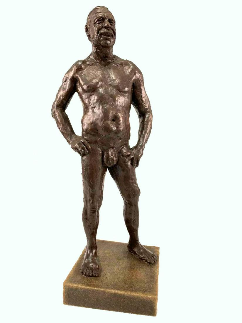 Ramon Lago, Male Nude, Bronze Sculpture: Fine nude bronze sculpture of a man, apparently untitled, by important Cuban American bronze sculptor and artist Ramon Lago (1947-2018), including the business card from his Florida studio. Lago was r