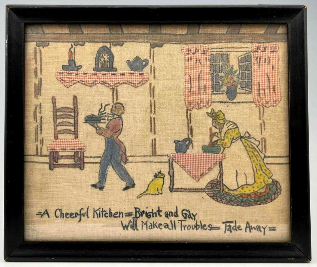 Folk Art Fabric Collage, Early 20th Century: Framed folk art kitchen scene on fabric, composed of drawn elements as well as hand stitched textile collage elements. Features Black Americana characters and reads A Cheerful Kitchen Bright And Gay W