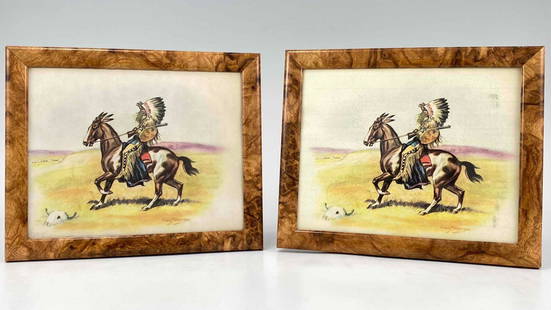 Two Edgar Megaree Native American Indian Prints: Two Edwin Megargee Native American Indian prints, in original faux burlwood frames. Primarily known as an animal painter, Edwin appeared to borrow from his cousin Lon Megaree, who made numerous well k