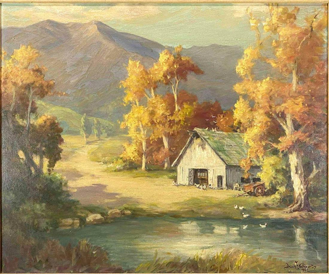 Davis Francis Schwartz (1879-1969) American, Painting Of Farm House: Davis Francis Schwartz (1879-1969) American, Painting Of Farm House, Signed Davis F Schwartz, 1961. Frame Approximately 36W x 30.875H x 1.1875D in. Sight Approximately 29.75 x 24.5 in.