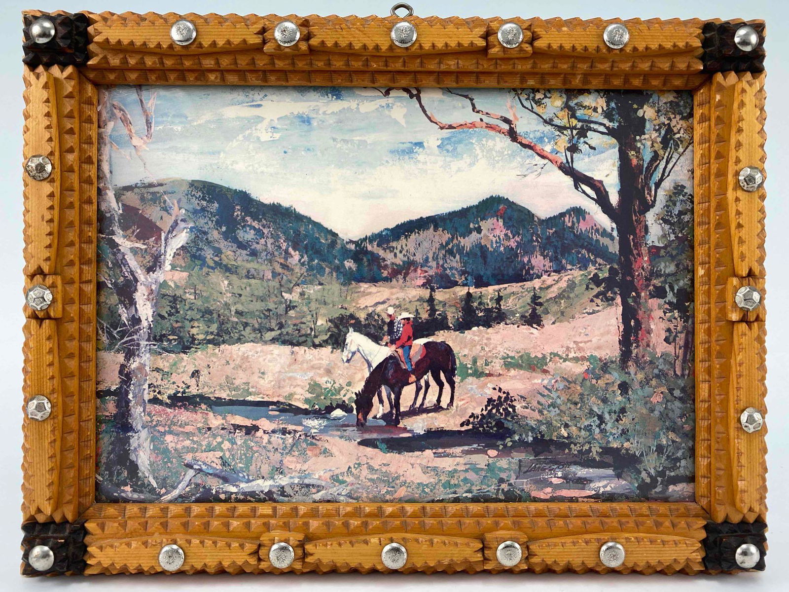 Tramp Art Carved Cigar Box and Tack Frame with Western Print (1 of 13)