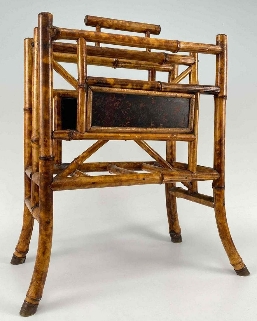 Antique English Tiger Bamboo Canterbury or Magazine Rack, WF Neecham: Antique English Tiger Bamboo Canterbury or Magazine Rack, WF Neecham. Marked W F Neecham's Patent Metal-Joint Bamboo Furniture. Approximately 19.625H x 16.875L x 9W in.
