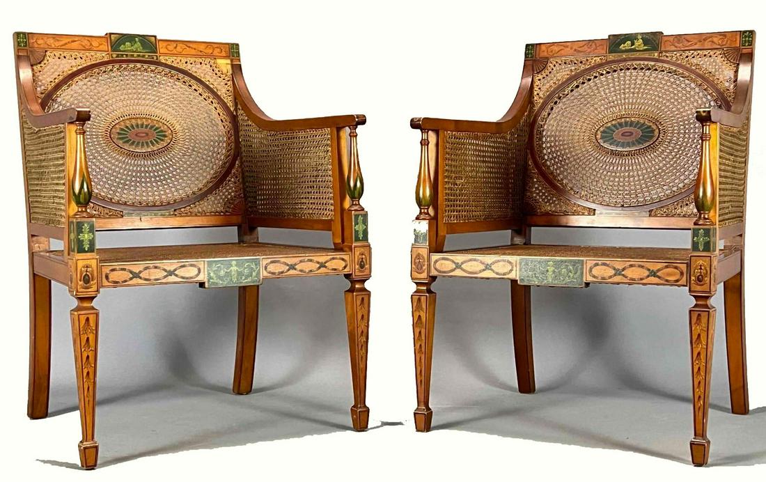 Adams Style Pair of Armchairs with Wicker Medallions: Adams Style Pair of Armchairs with Wicker Medallions. Approximately 35.5H x 26.25W x 24D in.
