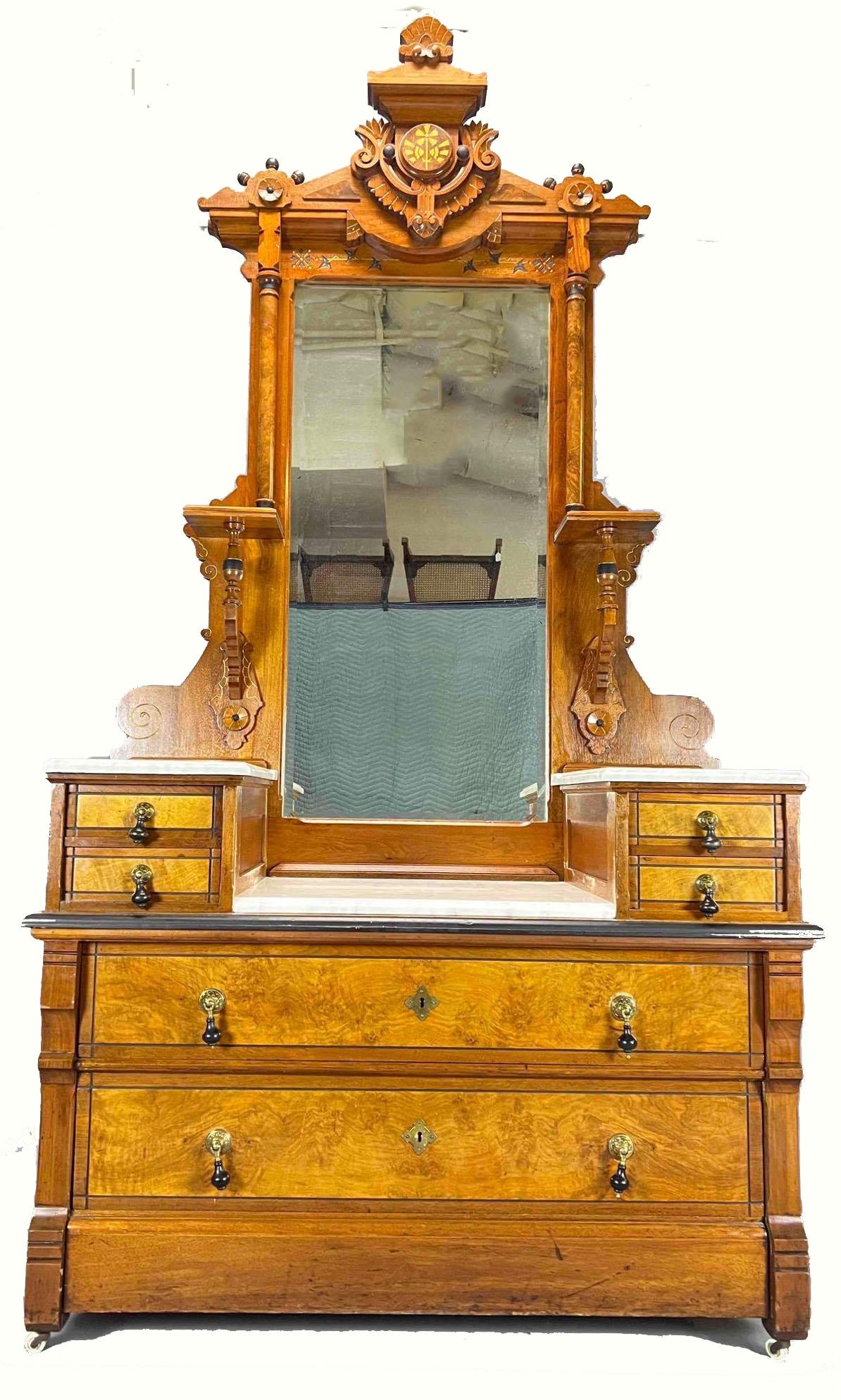 Antique Renaissance Revival Marble Top Dresser with Mirror (1 of 20)