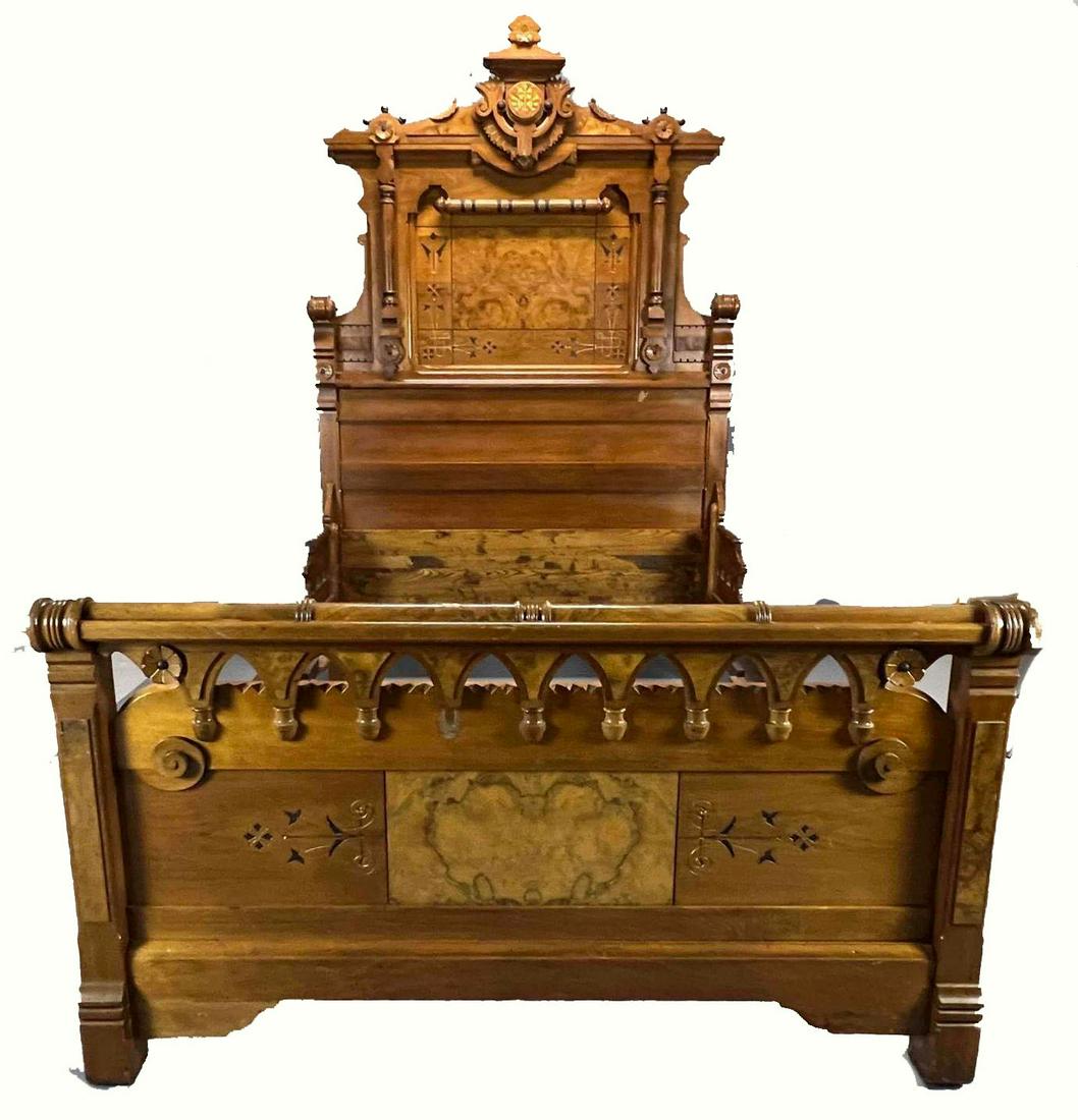 19th C Renaissance Revival Bed with Burl Accents (1 of 19)