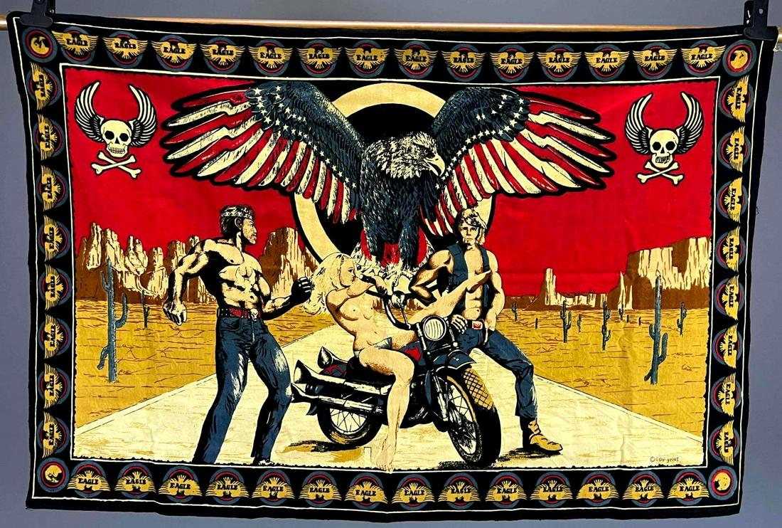 David Mann, Easy Rider Biker Tapestry: Biker tapestry featuring two bikers fighting, with a nude woman on a motorcycle, in a desert platueau landscape, featuring an American flag decorated eagle, and a galleried eagle border. Crica 1975, w