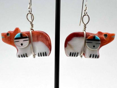 Navajo Spiny Oyster, Turquoise, Coral, And Sterling Silver Bear Earrings: Navajo Spiny Oyster, Turquoise, Coral, And Sterling Silver Bear Earrings. Approximately 1.3125L x 1.0W in.