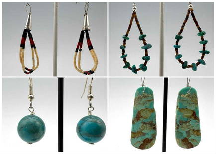 Four Pairs Navajo Turquoise Beaded Earrings: Four Pairs Navajo Turquoise Beaded Earrings. 24.1g. Turquoise Dangle Earrings Approximately 1.4375L x 0.4375W in. Turquoise And Bead DangleApproximately 3.0625L x 0.1875W in. All Credit Cards Will Be