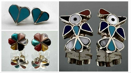 Three Pairs Zuni Earrings: Three Pairs Zuni Earrings. Largest Pair Signed P.Y. Zuni. 9.6g. Approximately 1.0L x 0.75W in. Approximately 0.3125L x 0.375W in.ALL CREDIT CARDS WILL BE MANUALLY VERIFIED PRIOR TO SHIPMENT.