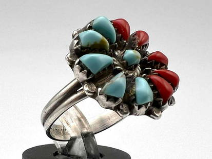 Vintage Native American Sterling Silver Turquoise, Coral, Ring: Vintage Native American Sterling Silver Turquoise, Coral, Ring. Signed J. Marked Sterling. 3.2g. Size 7.