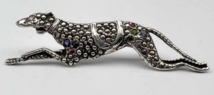 Sterling Silver Marcasite Greyhound Brooch: Sterling Silver Marcasite Greyhound Brooch. Unmarked. Approximately 2.4375L x 0.8125W in. 8.4g.