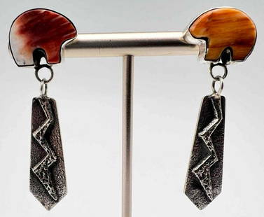 Navajo Spiny Oyster And Sterling Silver Bear Earrings: Navajo Spiny Oyster And Sterling Silver Bear Earrings Signed K. 11.3g. Approximately 2.0L x 0.4375W in.