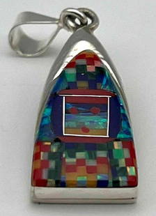 Navajo Sterling Silver With Fine Inlay Pendant: Navajo Sterling Silver With Fine Inlay Pendant. Marked Sterling, 925. 5.2g. Approximately 1.5L x 0.5625W x 0.1875D in.