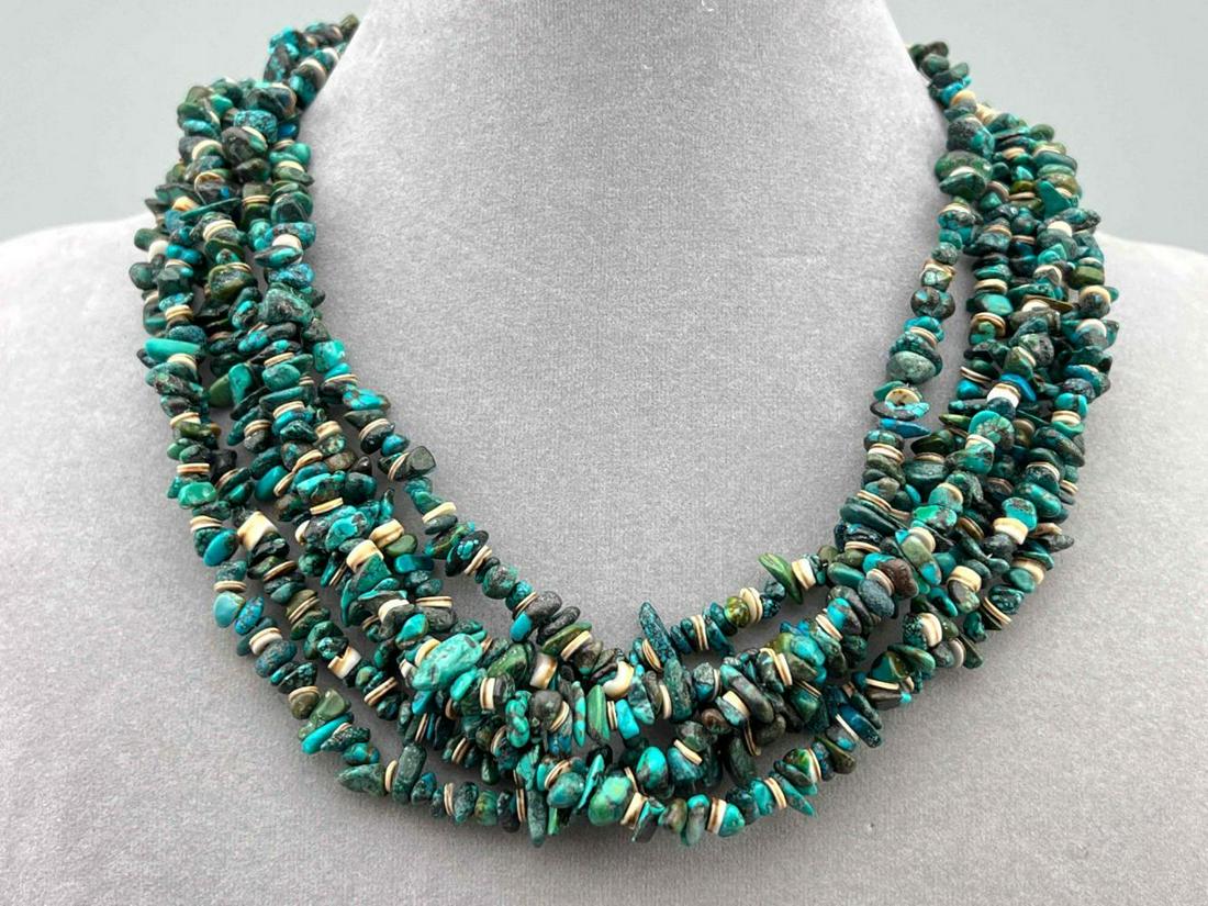 Navajo Three Strand Turquoise Nugget AndHeishiBead Necklace (1 of 11)