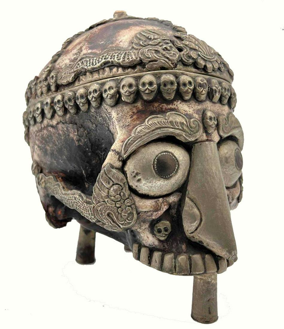 Tibetan Silver Overlaid Buddhist Kapala Human Skull (1 of 20)