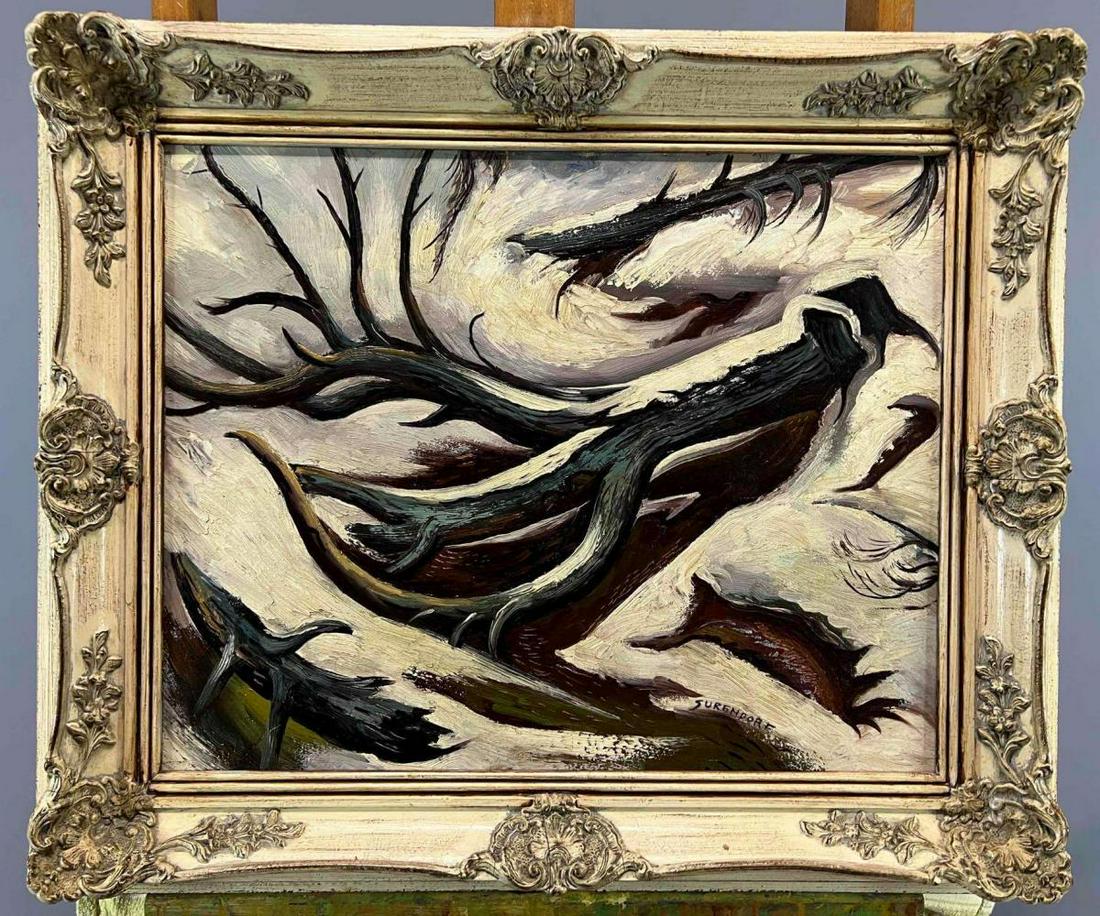 Charles Surendorf, Winter Landscape, Oil on Board: Charles Surendorf, California Oil On Board Painting Of Fallen Trees In Snow Signed Surendorf. Approximately 21.50H x 25.3125W x 2.50D in. Sight Approximately 15.4375H x 19.3125W in.