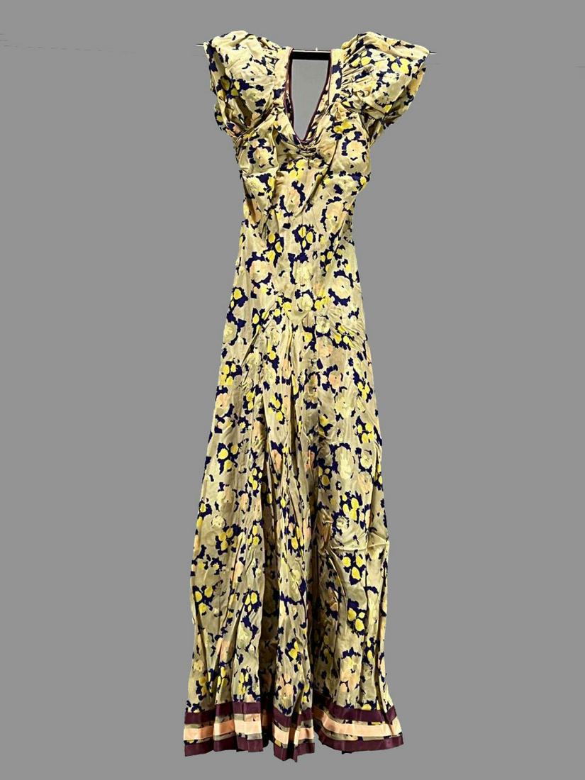 1930's Full Length Silk Or Early Rayon Floral Dress With Full Cap Sleeves (1 of 19)