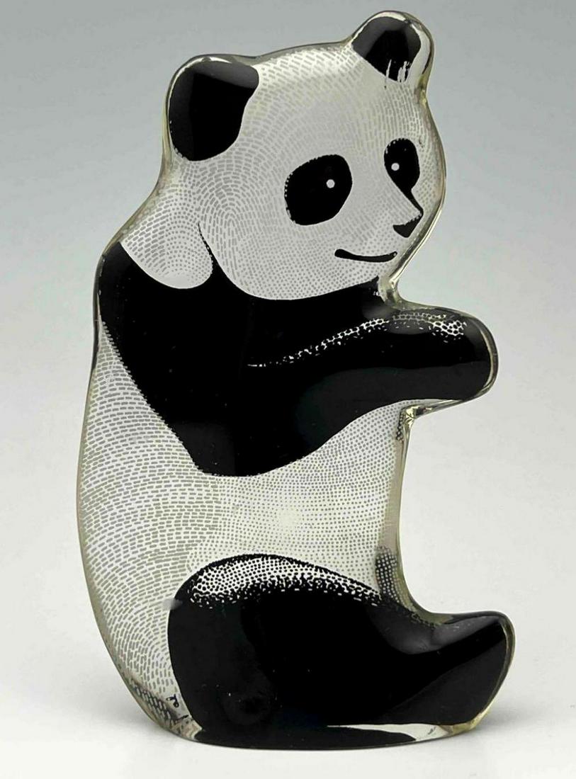 Abraham Palatnik, Lucite Panda Pop Art Sculpture: Abraham Palatnik, mid century modern pop art lucite panda bear sculpture or figure. Retains original Made in Brazil label. Approximately 4.25L x 2.625W x 0.875D in.