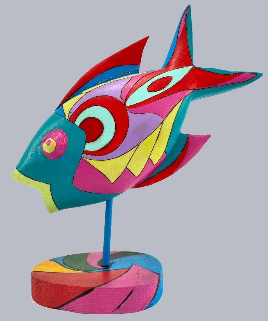 Bill Fansler, California Psychedelic Folk Art Fish Sculpture: Bill Fansler, California Psychedelic Pop Art Wood Fish Sculpture, Signed Bill Fansler 1992. Approximately 9.75H x 8.375L x 3.4375W in.