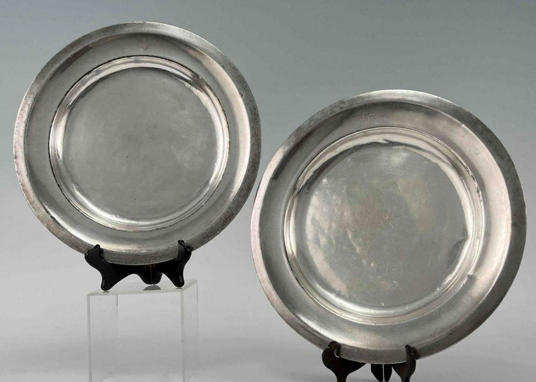 Pair of SS Normandie Chrisophe Dinner Plates: Original silver plate pair of dinner plates from the service custom designed and made by Christophe of France, used on the SS Normandie of the CGT French Line.10.9375W x 1.0625H in.
