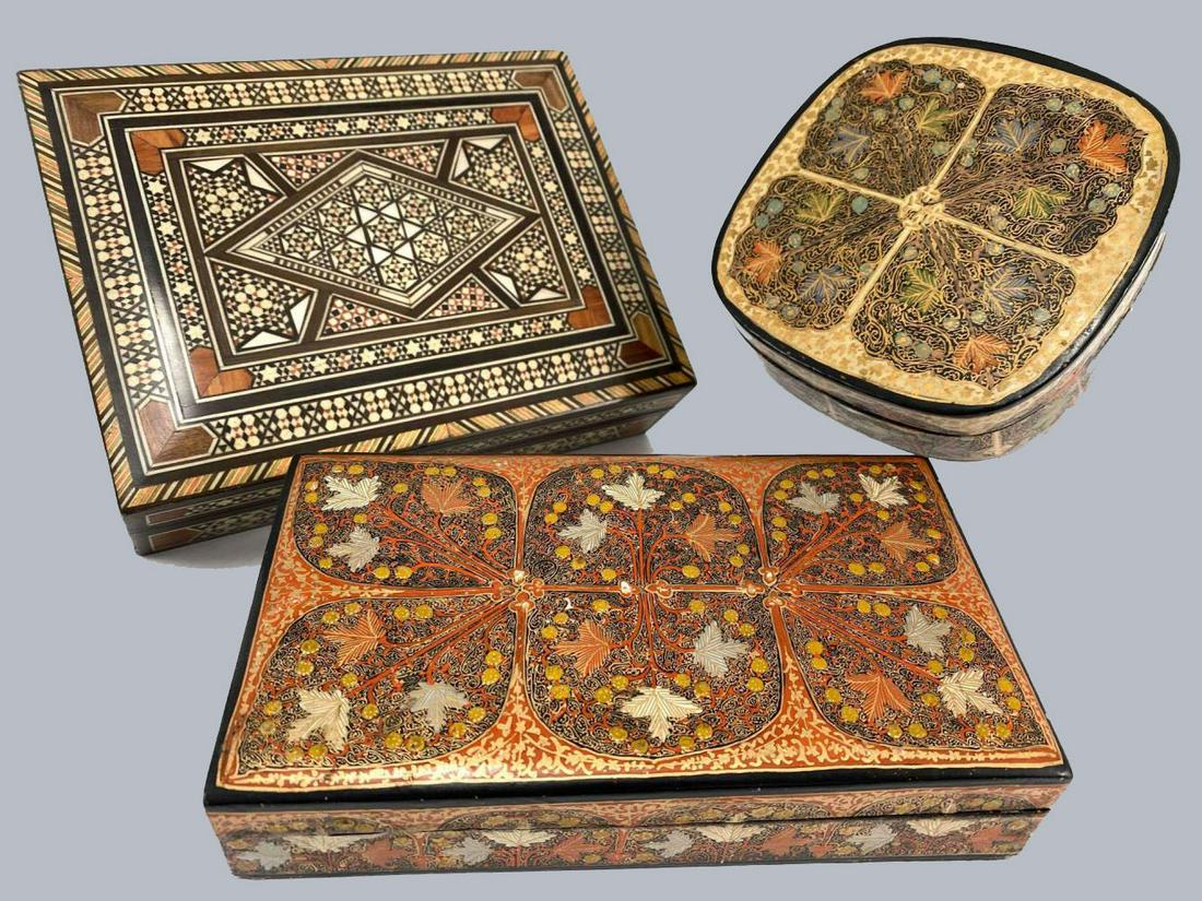 Three Lidded Boxes, Two Lacquer and One Moroccan Camel Bone: Three Lidded Boxes, Two Lacquer and One Moroccan Camel Bone Inlay. Largest Approximately 7.25L x 5.625W x 2H in. Smallest Approximately 4.6875W x 1.5H in.