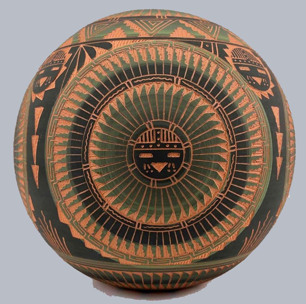 Navajo Etched Sun God Spherical Ceramic Pot (1 of 18)