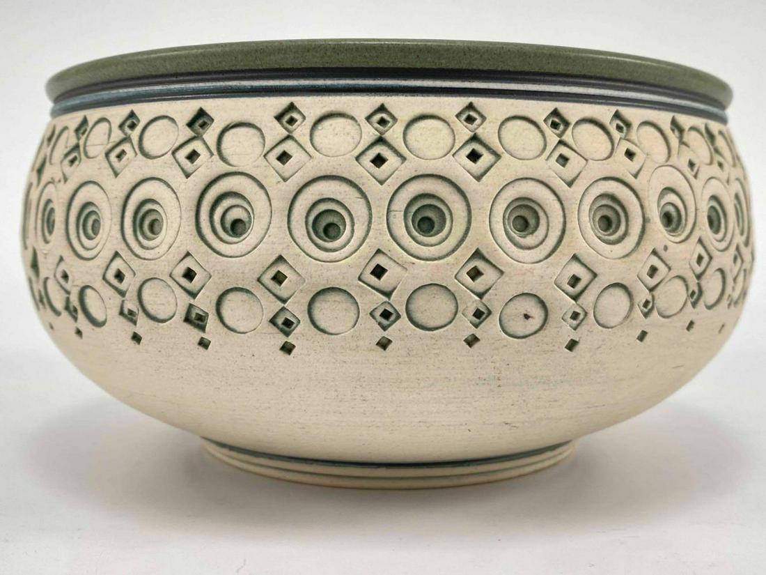 Modernist Geometric Art Pottery Jardiniere, Signed: Modernist Geometric Art Pottery Jardiniere, With Circular Relief Pattern, Signed Indistinctly, Don Hoskisson Artist. Approximately 7.25W x 3.5625H in.