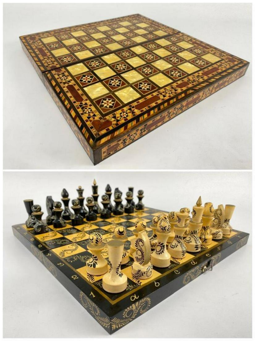 Moroccan Camel Bone Inlay and Lacquered Chess Board and Set: Hand Painted Floral Wooden Chess Set And Wooden Combination Chess And Backgammon Board. Largest Piece 2.75H x .8125W in. Smallest Piece 1.75H x .8125W in. Hand Painted Board 11.50W x 11.50L x .75H in;