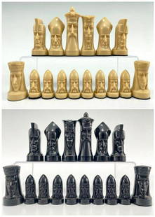 Ganine Gothic Sculptured Chess Set Checkers Board Lot w Box 1957 - Vintage