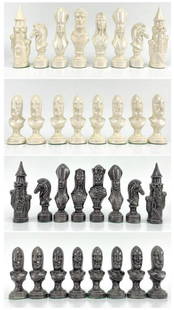 1979 Pearlescent Ceramic Scioto Chess Piece Set: 1979 Pearlescent Ceramic Scioto Chess Piece Set. Largest Approximately 6.75H x 2.375W x 1.75D in. Smallest Approximately 4.50H x 1.1875W in.