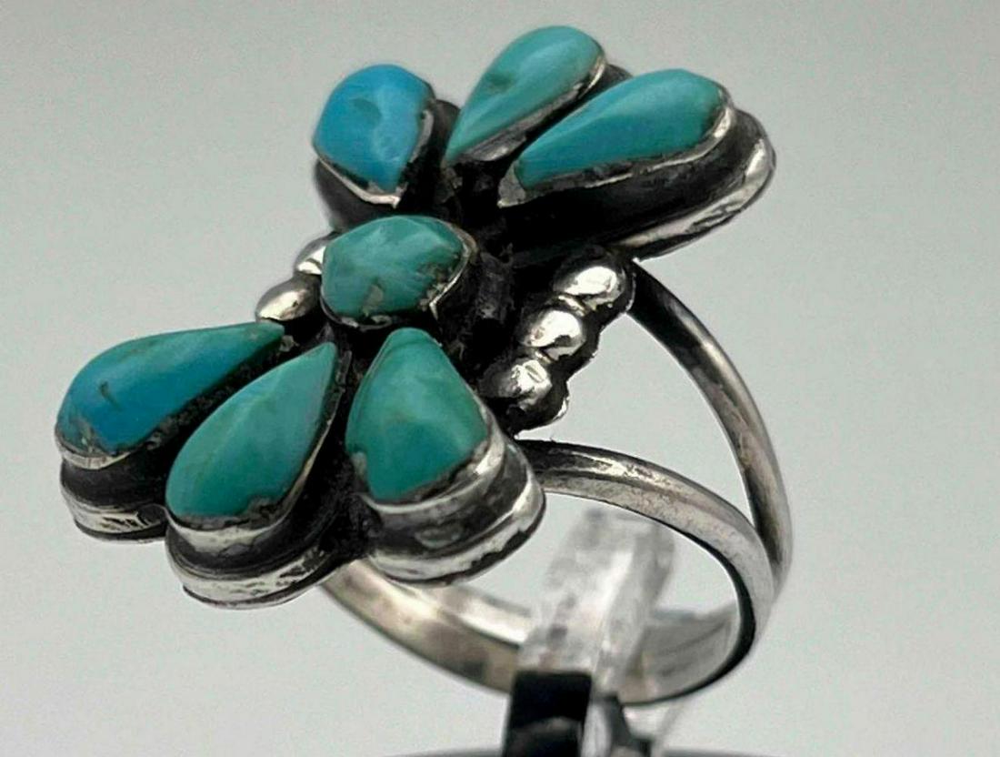 Navajo Sterling Silver Ring With Turquoise And Rain Bead Detail: Navajo Sterling Silver Ring With Turquoise And Rain Bead Detail. 7.1g. Unmarked, Tests As Silver. Ring Size 6.5.