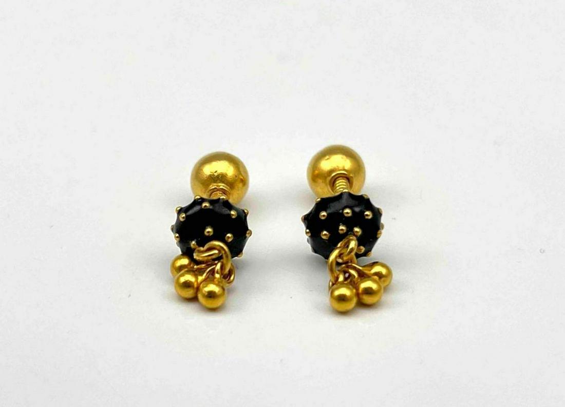 22k Gold And Enamel Earrings: Marked 22k Gold And Enamel Earrings, 2.6g. Approximately 0.75D x 0.25W in. ALL CREDIT CARDS WILL BE MANUALLY VERIFIED PRIOR TO SHIPMENT.