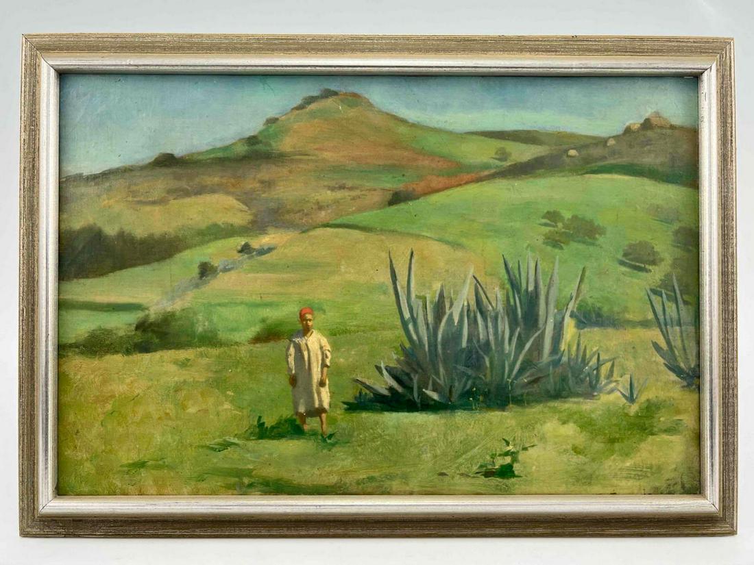 Man Walking in Landscape, Unsigned Impressionist School: Man Walking in Hill Landscape, Unsigned Impressionist School. Approximately 17.9375W x 12.5625H x .875D in. Sight Approximately 15.625W x 10.1875H in.