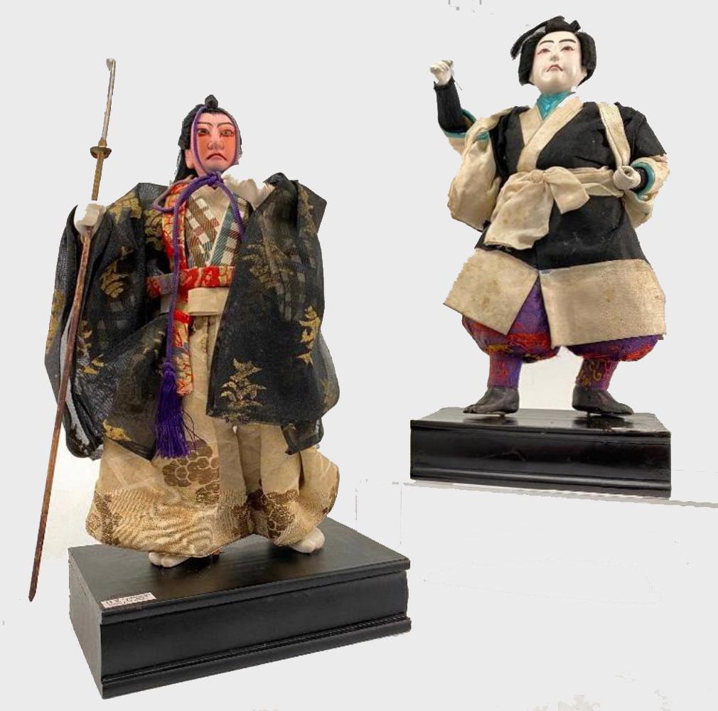 2 Vintage Kabuki Lord And Samurai Theater Characters: 2 Vintage Kabuki Lord And Samurai Theater Characters. Lord Marked Oirshi Chikara. Samurai Labeled Yamaku Kaujin Sho. Larger Approximately 11.4375H x 5.75W x 5.375D in. Smaller Approximately 11.0625H x