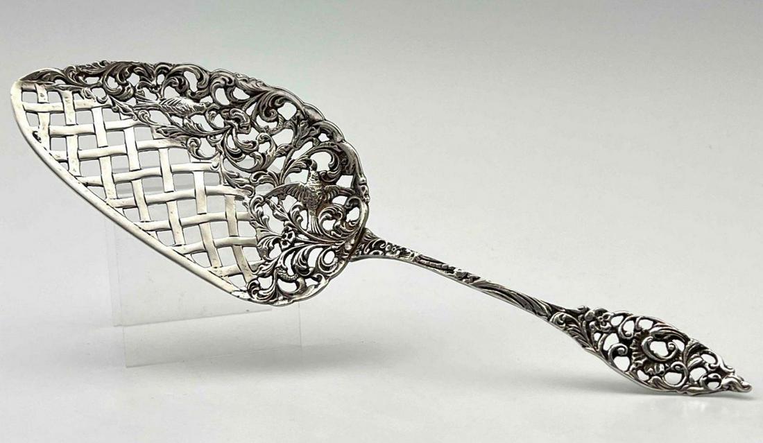 Antique 830 Silver Cake Or Dessert Server With Sparrow And Latticework Details (1 of 8)