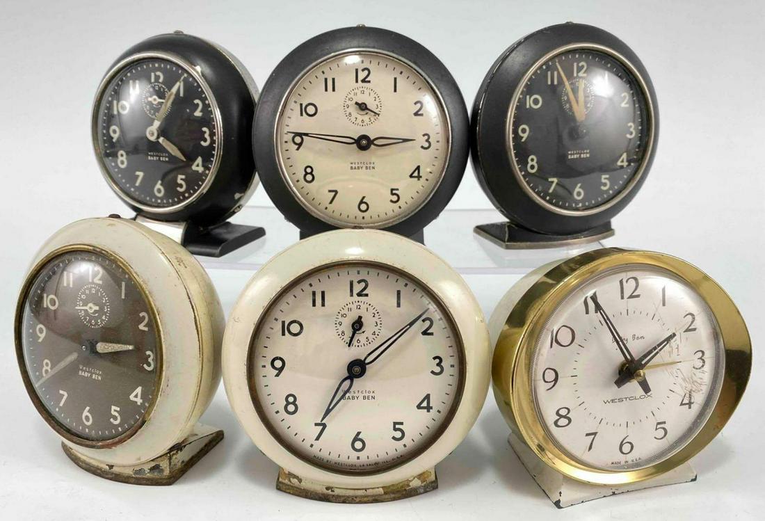 Lot of 6 Westclox Baby Ben Clocks, Running: 6 Westclox Baby Ben Desk Clocks. All Marked Made In USA. Largest Approximately 3.625H x 3.375W x 2.25D in. Smallest Approximately 3.5W x 3.25H x 2.375D in.