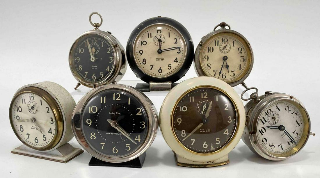 Lot of 7 Westclox Baby Ben Clocks, Running: 7 Westclox Baby Ben Desk Clocks. Largest Approximately 3.625H x 3.4375W x 2.25D in. SmallestApproximately 3.25H x 2.875W x 2.5D in.