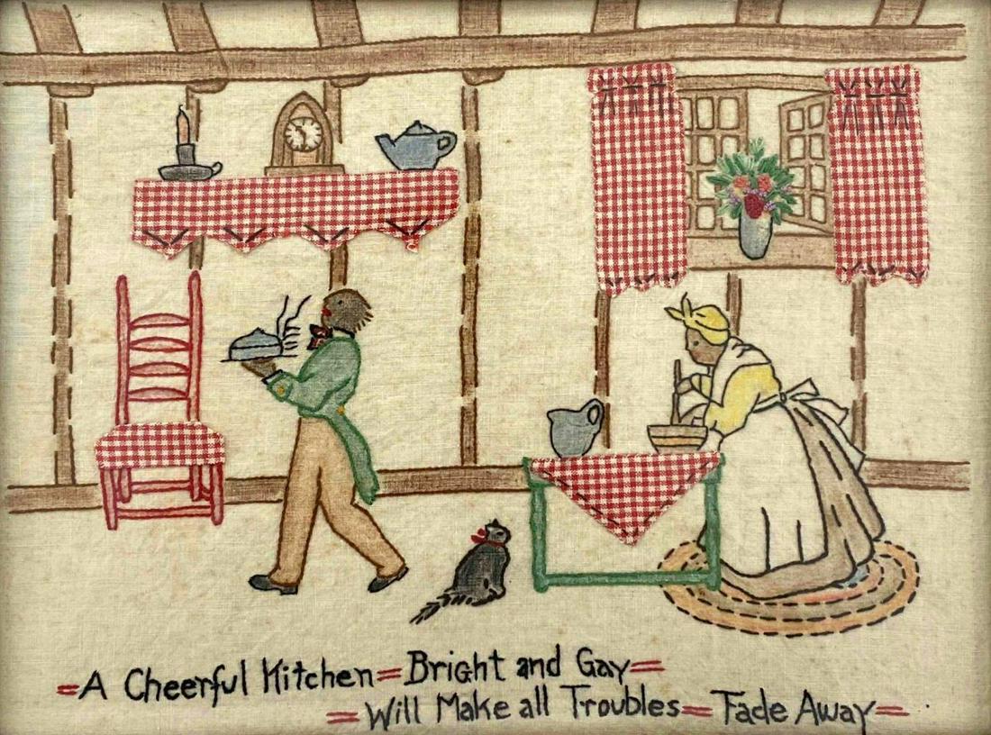 Folk Art Textile Collage of a Black Americana Kitchen Scene: Embroidered Kitchen Scene, Text Reads A Cheerful Kitchen Bright And Gay Will Make All Troubles Fade Away. Frame Approximately 14.625W x 11.5625H x .75D in. Sight Approximately 11.75 x 8.75 in.