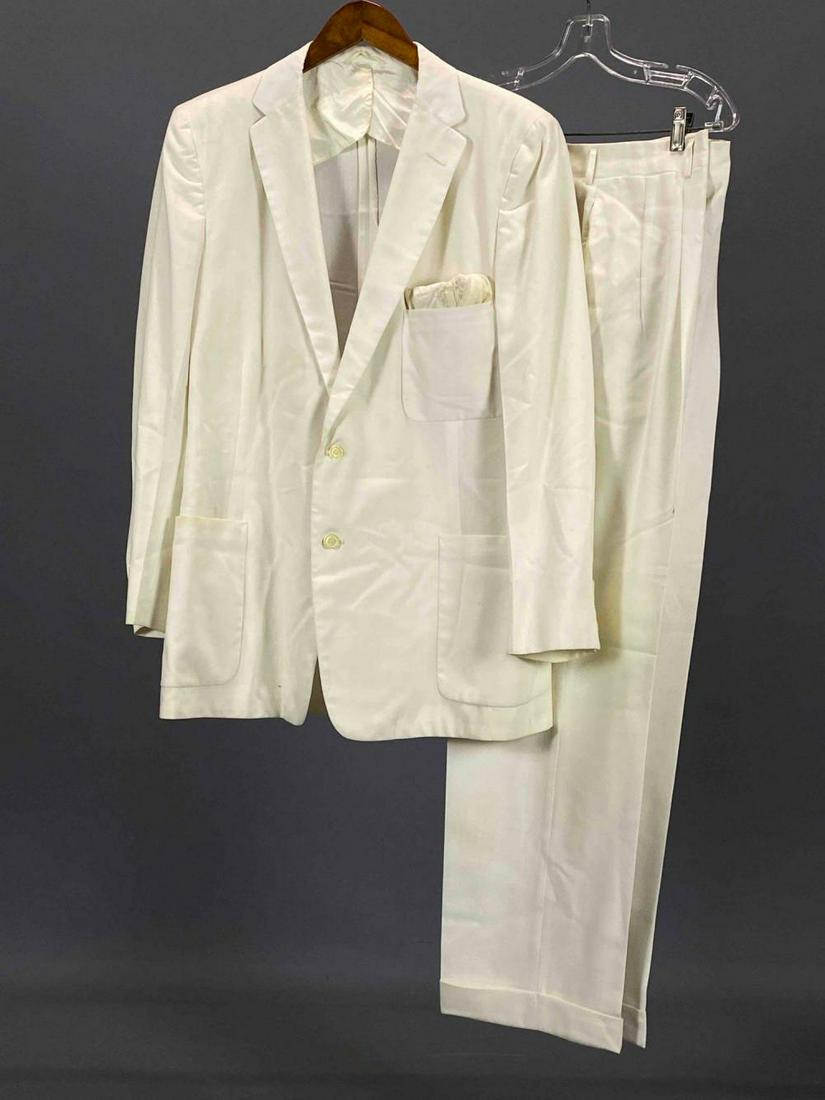 White Suit, Old Hollywood Costume: White Suit Jacket And Pants With Handkerchief With H Monogram. Shirt Marked Taneytown Clothing. Pants Marked H35.