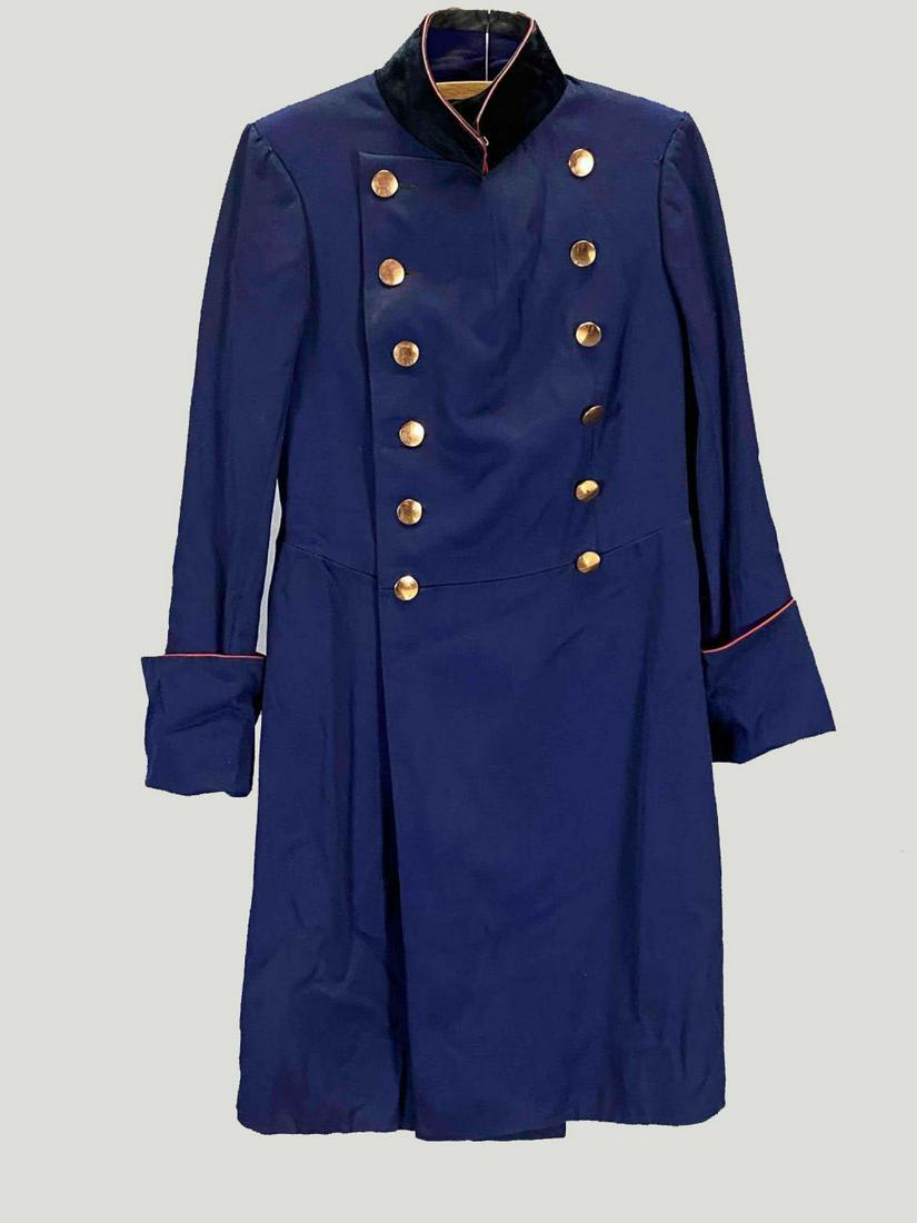 Military Uniform Coat, Old Hollywood Costume: Long Blue Overcoat. Marked AC, 81.