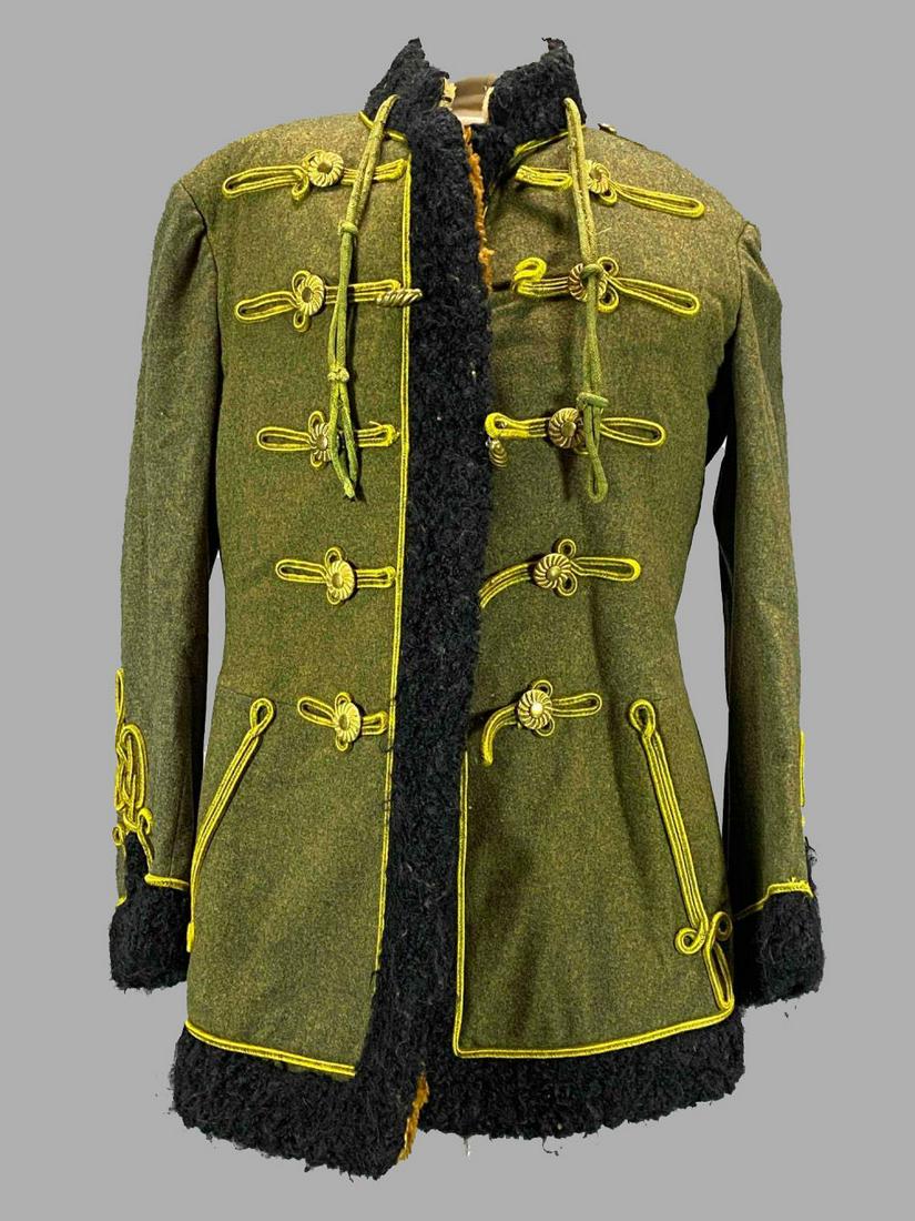 Fringed Military Uniform Jacket, Old Hollywood Costume: Military Coat With Yellow Fringe Decoration. Marked United Costumes Inc, M 40. Tagged Austria Fur Hussar.
