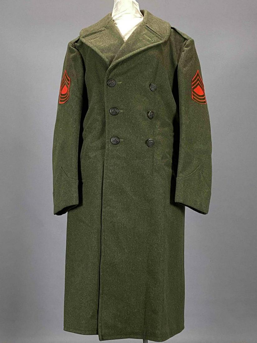 US Marine Uniform Coat, Old Hollywood Costume: Long Marine Corps Quartermaster's Overcoat. Marked 6-S Quartermaster's Dept, US Marine Corps 1942-1943, 532 44 M1 6S 23900 B11.