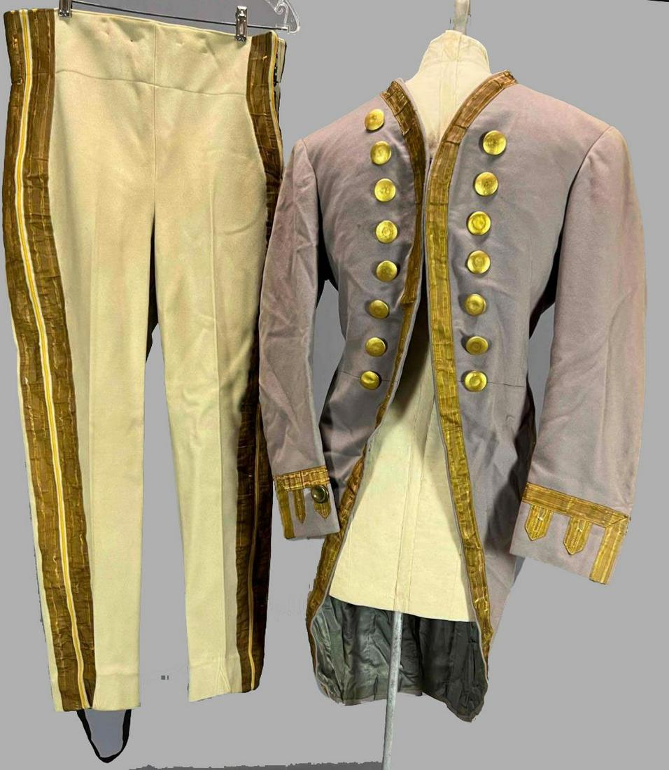 Period Suit, Old Hollywood Costume: Mens Period Costume With Metallic Trim. Pants Marked United Costumers, Inc, Manufacturers, Capt. Conte. W.31 L 39. Attached Paper Tag Reads WB 27 42572. Waistband Marked M17765. Coat Marked Eaves Cost