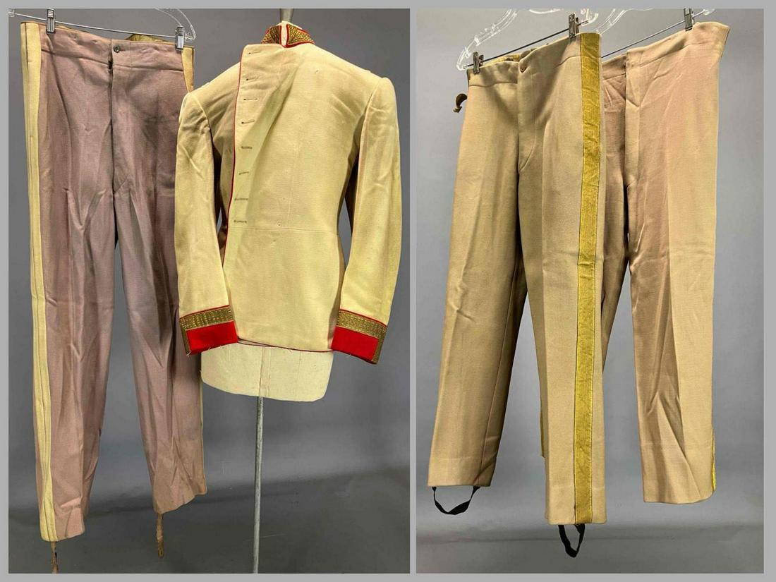 Arnold Korff. Eaves Costume Co Tan And Red Jacket With Three Pairs Of Pants. Old Hollywood Costume.: Eaves Costume Co Tan And Red Jacket With Three Pairs Of Pants. Jacket Tag Reads Eaves Costumes 829, Mr. A. Korff, No.130, W. 37, L. 15 1-2. All Pants Tagged United Costumers Inc, Manufacturers. One Pa