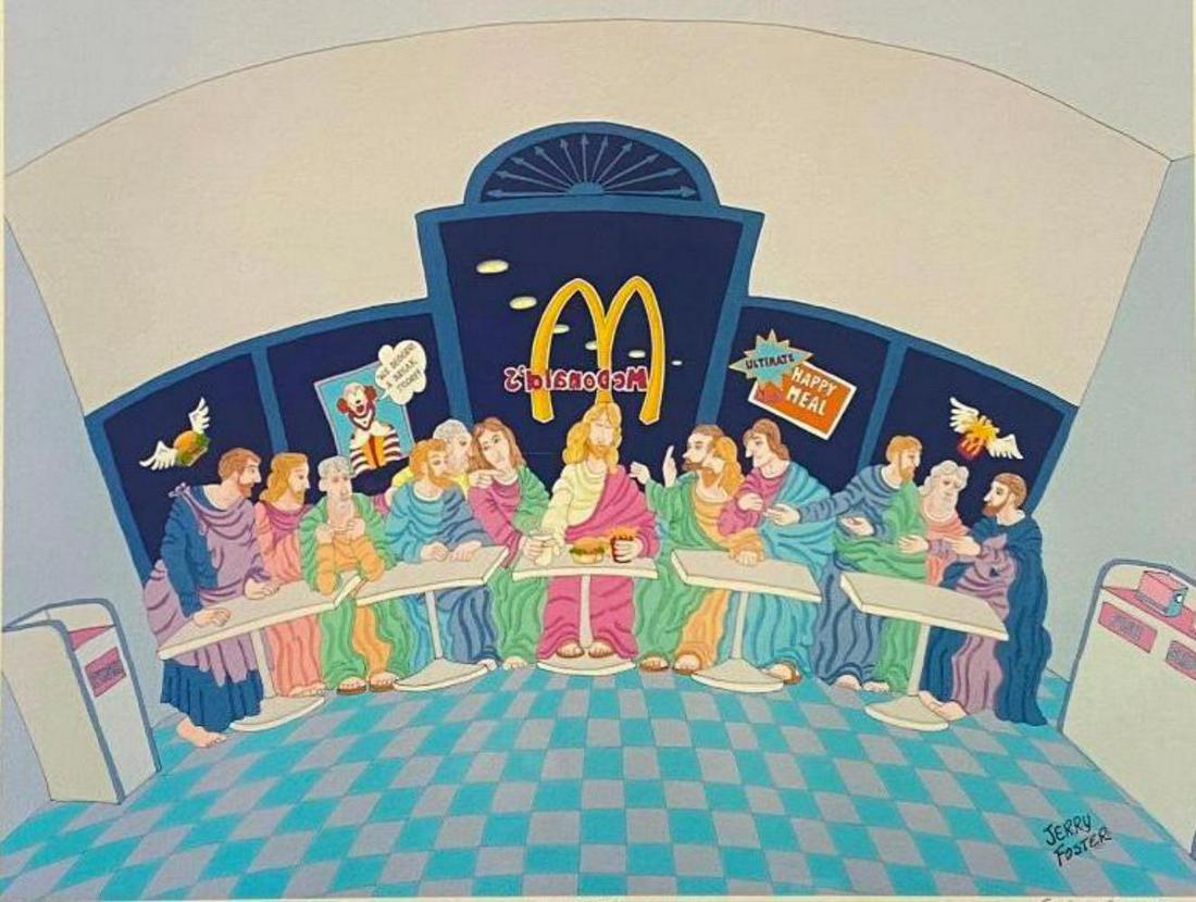 The Last Happy Meal, Jerry Foster, California Watercolor on Paper: Jerry Foster California satirical watercolor featuring Jesus and the Twelve Apostles Last Supper at McDonalds,The Last Happy Meal, Signed Jerry Foster, 1990, XV CCLXXV (15 275). Frame Approximately 30