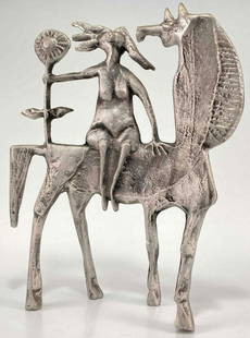 Don Drumm, Modernist Sculpture of a Woman or Goddess on Horseback: Metal Sculpture Of Woman On Horseback With Sunflower, Signed Drumm. Approximately 11.75H9.625W x 3.1875D in.