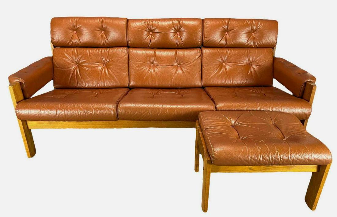 Early Danish Modern Style Teak and Leather Sofa and Ottoman, Ekornes (1 of 20)